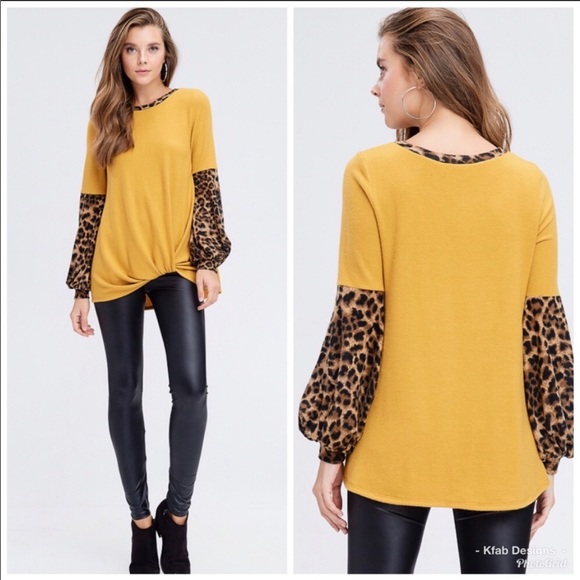 LAST 1! Mustard Leopard Print Puff Sleeve Sweater - Picture 3 of 4